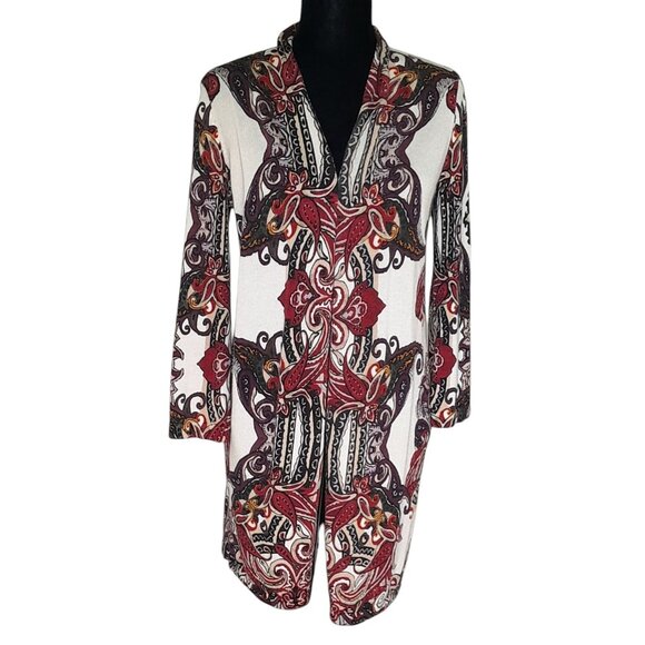 Chicos Boho Hippie 60s Paisely Wacky Colorful Sz Small Petite Long Open Cardigan - Picture 1 of 7
